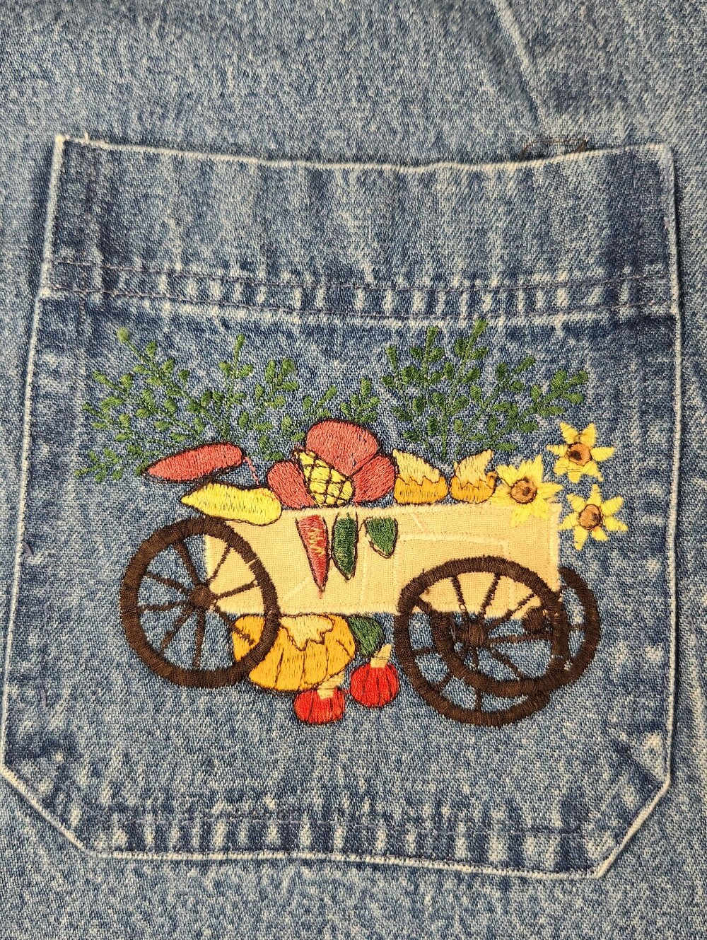 Vintage Take Two Embroidered Blue Denim Chore Jacket with Fall Patchwork Xlarge - Picture 9 of 11
